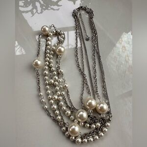 Vintage-Inspired Three-Strand Silver Tone Clear Beads & Faux Pearls Necklace
